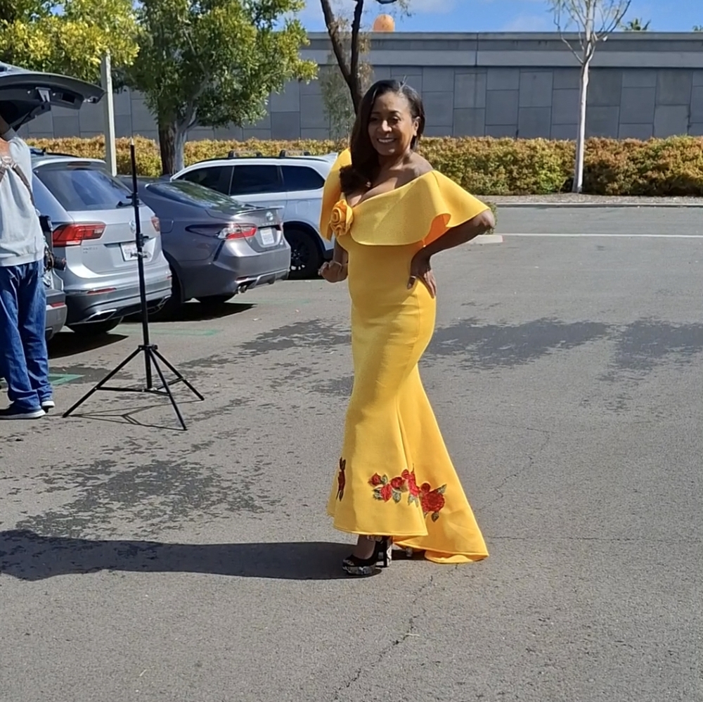 Elegant Yellow Off-Shoulder Gown with Floral Embroidery
